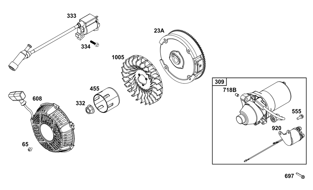Flywheel, Ignition, And Starter Group Diagram and Parts List for 130G67-0239-H5 100000 - 19Z999 Briggs and Stratton Engine